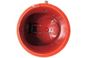 The hinged clapper inside this 6-inch grooved check valve is held in place by a spring until water flows push it open. False alarm fire sprinkler 