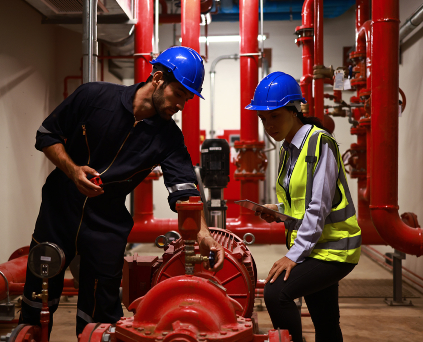 Two Workers In Commercial Building Inspecting Pipes